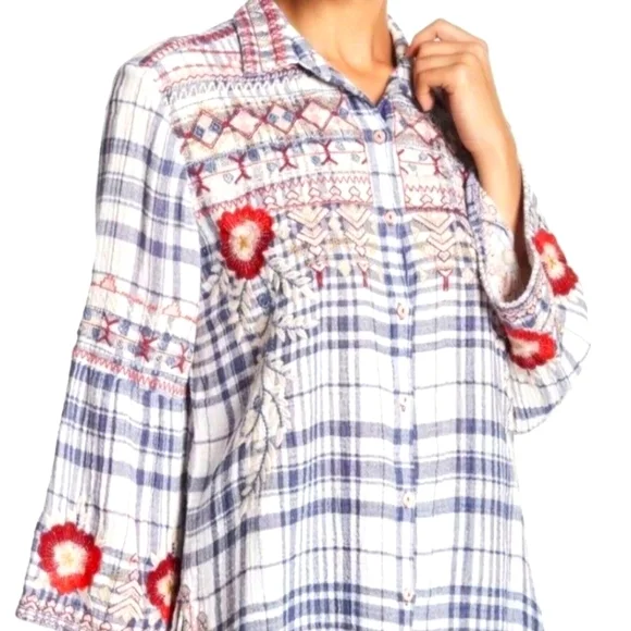 JOHNNY WAS Workshop Freddie Plaid Embroidered Flannel Button Down Shirt - Picture 1 of 12